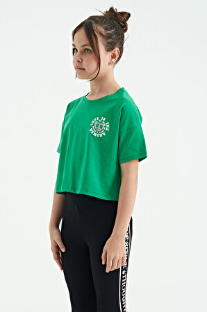 Yeşil Ön Arka Baskılı O Yaka Düşük Omuz Oversize Kısa Kollu Kız Çocuk T-Shirt - 75126 | 12-13 Yaş