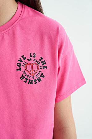 Şeker Pembe Ön Arka Baskılı O Yaka Düşük Omuz Oversize Kısa Kollu Kız Çocuk T-Shirt - 75126 | 11-12 Yaş