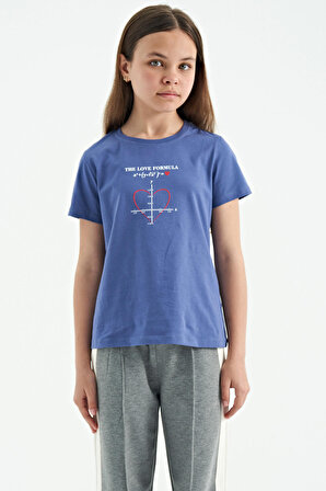 Açık Eflatun O Yaka Baskı Detaylı Rahat Kalıp Kız Çocuk T-Shirt - 75129 | 12-13 Yaş