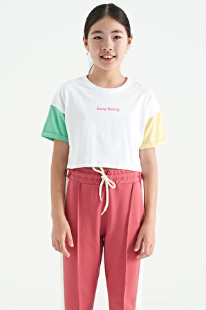 Beyaz Yazı Baskılı O Yaka Düşük Omuzlu Oversize Kız Çocuk T-Shirt - 75130 | 8-9 Yaş