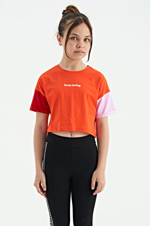 Portakal Yazı Baskılı O Yaka Düşük Omuzlu Oversize Kız Çocuk T-Shirt - 75130 | 11-12 Yaş