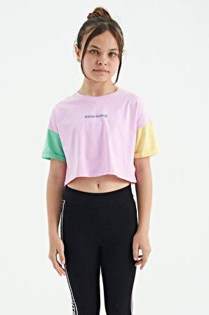 Pembe Yazı Baskılı O Yaka Düşük Omuzlu Oversize Kız Çocuk T-Shirt - 75130 | 10-11 Yaş