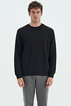 Siyah O Yaka Şardonlu Rahat Form Basic Erkek Sweatshirt - 88137 | S