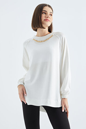 Ekru O Yaka Zincir Detaylı Oversize Kadın Tunik Sweatshirt - 02383 | XL