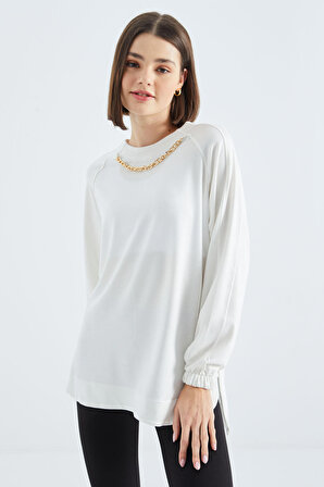 Ekru O Yaka Zincir Detaylı Oversize Kadın Tunik Sweatshirt - 02383 | XL