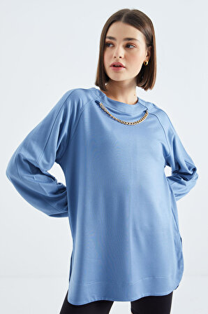 Gök Mavi O Yaka Zincir Detaylı Oversize Kadın Tunik Sweatshirt - 02383 | S
