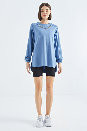 Gök Mavi O Yaka Zincir Detaylı Oversize Kadın Tunik Sweatshirt - 02383 | S
