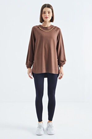 Kahverengi O Yaka Zincir Detaylı Oversize Kadın Tunik Sweatshirt - 02383 | S