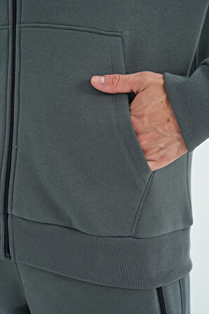 Haki Fermuarlı Kapüşonlu Cep Detaylı Şardonlu Rahat Kalıp Erkek Sweatshirt - 88139 | XL
