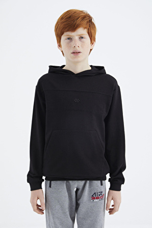 Siyah Kapüşonlu Basic Erkek Çocuk Sweatshirt - 11181 | 9-10