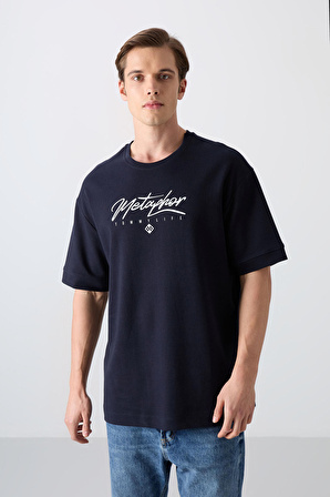 Lacivert Pamuklu Kalın Yumuşak Dokulu Oversize Fit Baskılı Erkek T-Shirt - 88320