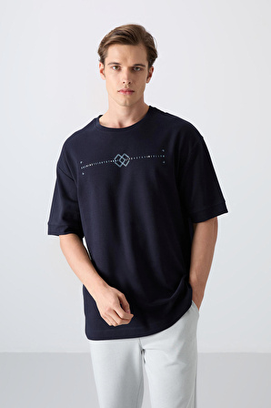 Lacivert Pamuklu Kalın Yumuşak Dokulu Oversize Fit Baskılı Erkek T-Shirt - 88323