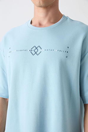 Açık Mavi Pamuklu Kalın Yumuşak Dokulu Oversize Fit Baskılı Erkek T-Shirt - 88323