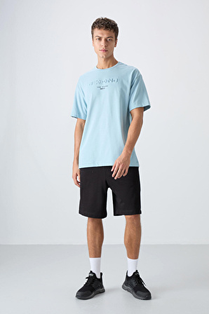 Açık Mavi Pamuklu Kalın Yumuşak Dokulu Oversize Fit Baskılı Erkek T-Shirt - 88328