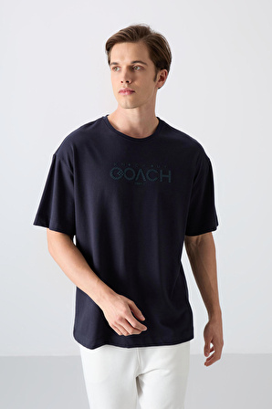 Lacivert Pamuklu Kalın Yumuşak Dokulu Oversize Fit Baskılı Erkek T-Shirt - 88329