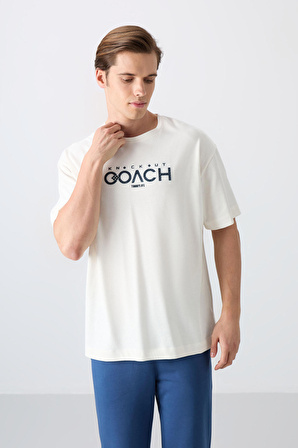 Ekru Pamuklu Kalın Yumuşak Dokulu Oversize Fit Baskılı Erkek T-Shirt - 88329