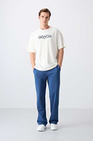 Ekru Pamuklu Kalın Yumuşak Dokulu Oversize Fit Baskılı Erkek T-Shirt - 88329