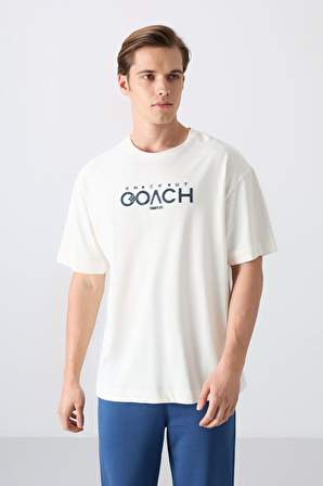 Ekru Pamuklu Kalın Yumuşak Dokulu Oversize Fit Baskılı Erkek T-Shirt - 88329