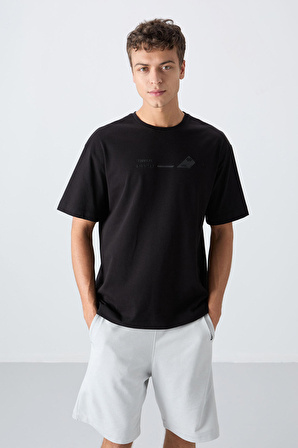 Siyah Pamuklu Kalın Yumuşak Dokulu Oversize Fit Baskılı Erkek T-Shirt - 88330