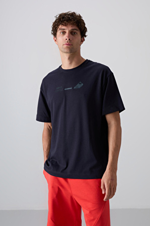 Lacivert Pamuklu Kalın Yumuşak Dokulu Oversize Fit Baskılı Erkek T-Shirt - 88330
