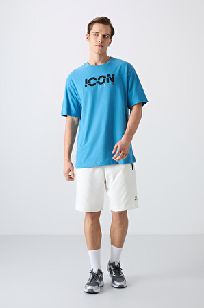 Petrol Mavi Pamuklu Kalın Yumuşak Dokulu Oversize Fit Baskılı Erkek T-Shirt - 88331