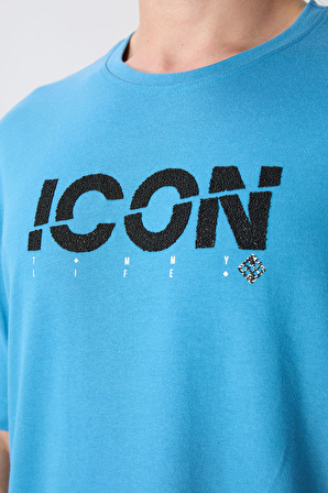 Petrol Mavi Pamuklu Kalın Yumuşak Dokulu Oversize Fit Baskılı Erkek T-Shirt - 88331