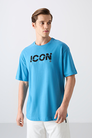 Petrol Mavi Pamuklu Kalın Yumuşak Dokulu Oversize Fit Baskılı Erkek T-Shirt - 88331