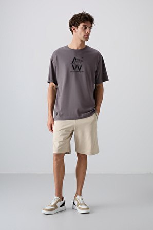 Koyu Gri Pamuklu Kalın Yumuşak Dokulu Oversize Fit Baskılı Erkek T-Shirt - 88332