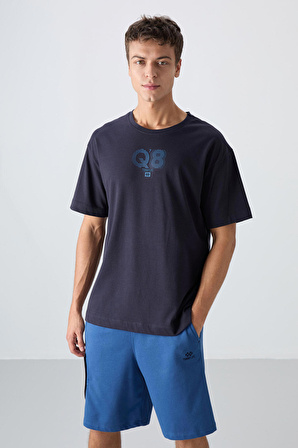 Lacivert Pamuklu Kalın Yumuşak Dokulu Oversize Fit Baskılı Erkek T-Shirt - 88333