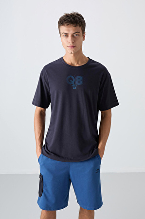 Lacivert Pamuklu Kalın Yumuşak Dokulu Oversize Fit Baskılı Erkek T-Shirt - 88333