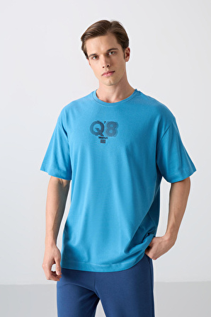 Petrol Mavi Pamuklu Kalın Yumuşak Dokulu Oversize Fit Baskılı Erkek T-Shirt - 88333
