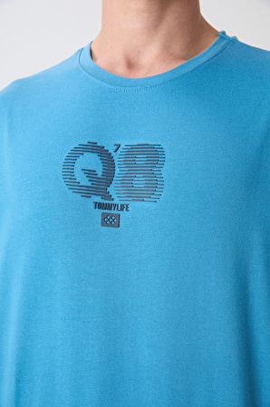 Petrol Mavi Pamuklu Kalın Yumuşak Dokulu Oversize Fit Baskılı Erkek T-Shirt - 88333