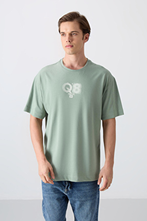Açık Yeşil Pamuklu Kalın Yumuşak Dokulu Oversize Fit Baskılı Erkek T-Shirt - 88333