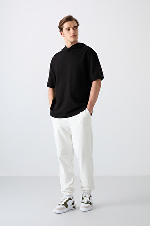 Siyah Pamuklu Kalın Yüzeyi Dokulu Oversize Fit Basic Erkek T-Shirt - 88335