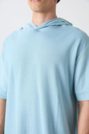 Açık Mavi Pamuklu Kalın Yüzeyi Dokulu Oversize Fit Basic Erkek T-Shirt - 88335
