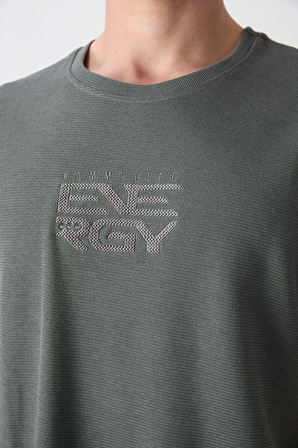 Haki Pamuklu Kalın Yüzeyi Dokulu Oversize Fit Baskılı Erkek T-Shirt - 88336