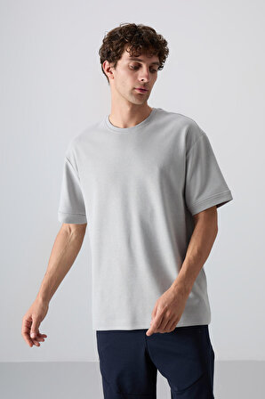 Taş Pamuklu Kalın Yüzeyi Dokulu Oversize Fit Basic Erkek T-Shirt - 88339 | M