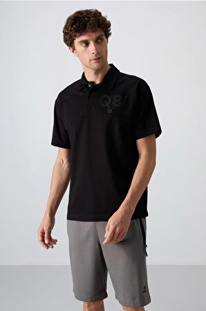 Siyah Pamuklu Kalın Yumuşak Dokulu Oversize Fit Baskılı Polo Yaka Erkek T-Shirt - 88347 | M