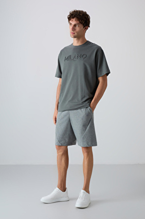 Haki Pamuklu Kalın Yumuşak Dokulu Oversize Fit Baskılı Erkek T-Shirt - 88345