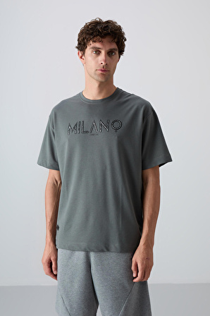 Haki Pamuklu Kalın Yumuşak Dokulu Oversize Fit Baskılı Erkek T-Shirt - 88345