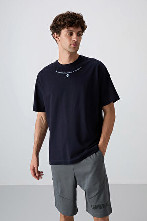 Lacivert Pamuklu Kalın Yumuşak Dokulu Oversize Fit Baskılı Erkek T-Shirt - 88343 | XL