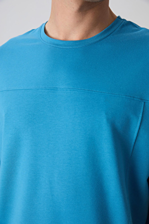 Petrol Mavi Pamuklu Kalın Yumuşak Dokulu Oversize Fit Basic Erkek T-Shirt - 88349