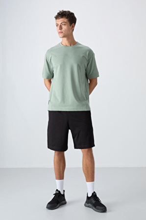 Açık Yeşil Pamuklu Kalın Yumuşak Dokulu Oversize Fit Basic Erkek T-Shirt - 88349