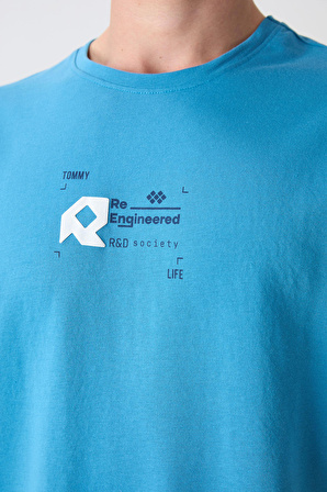 Petrol Mavi Pamuklu Kalın Yumuşak Dokulu Oversize Fit Baskılı Erkek T-Shirt - 88350
