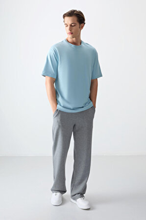 Açık Mavi %100 Pamuk Kalın Yumuşak Dokulu Oversize Fit Basic Erkek T- Shirt - 88353 | XL