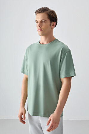 Açık Yeşil %100 Pamuk Kalın Yumuşak Dokulu Oversize Fit Basic Erkek T-Shirt - 88353 | L