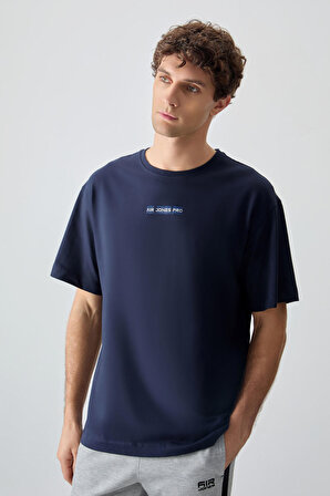 Lacivert %100 Pamuk Kalın Yumuşak Dokulu Oversize Fit Baskılı Erkek T- Shirt - 88354 | XL