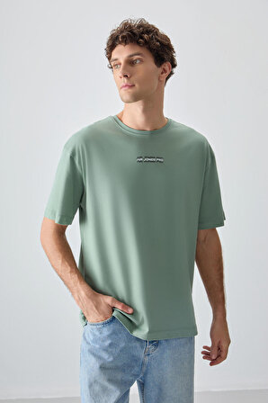 Açık Yeşil %100 Pamuk Kalın Yumuşak Dokulu Oversize Fit Baskılı Erkek T-Shirt - 88354 | XXL
