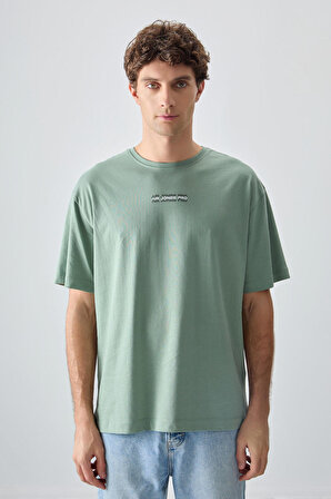 Açık Yeşil %100 Pamuk Kalın Yumuşak Dokulu Oversize Fit Baskılı Erkek T-Shirt - 88355 | S