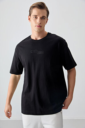 Siyah %100 Pamuk Kalın Yumuşak Dokulu Oversize Fit Baskılı Erkek T- Shirt - 88361 | XL